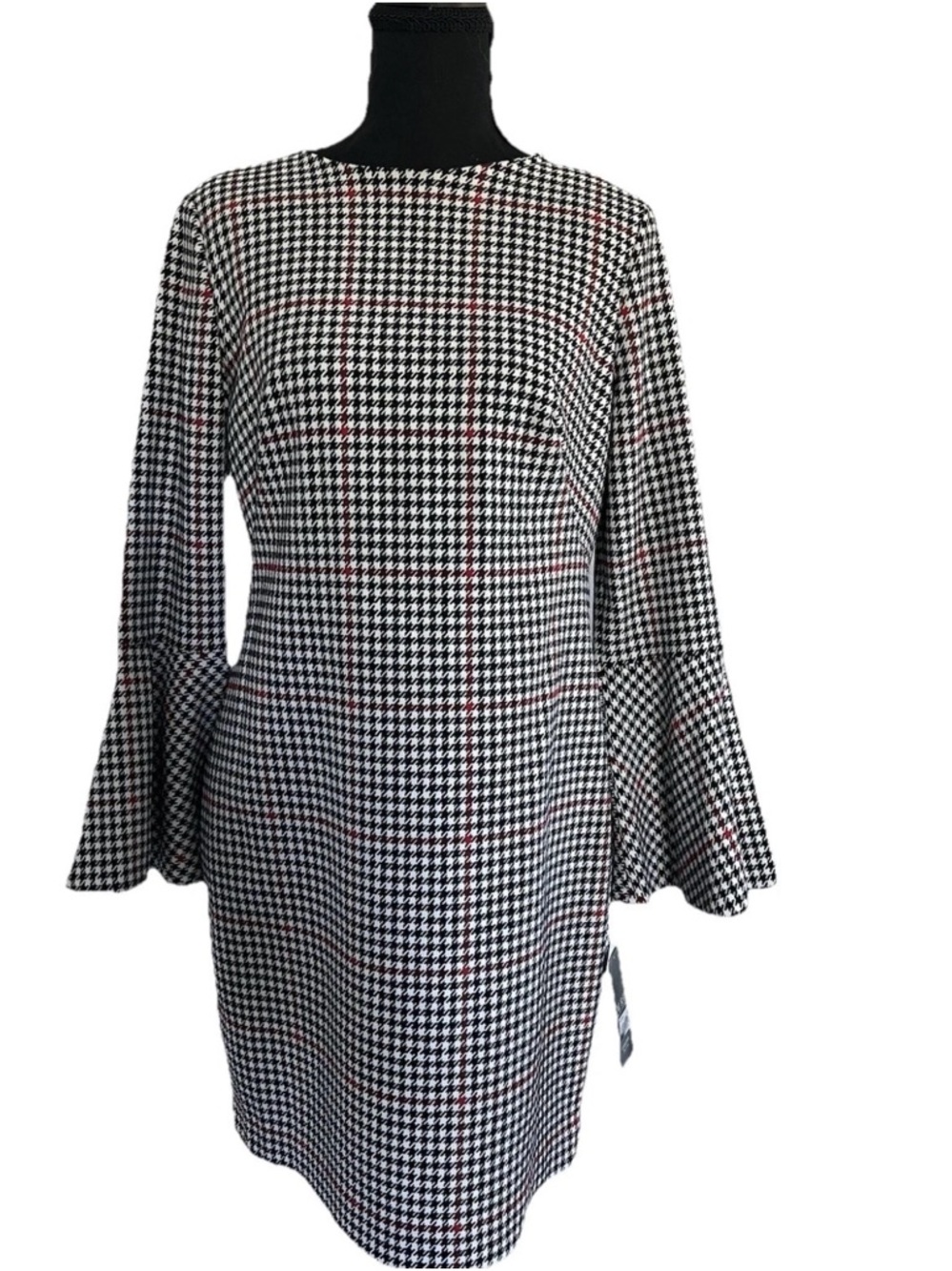 Ralph Lauren Black and White Houndstooth Long-Sleeve Dress with Red Accents